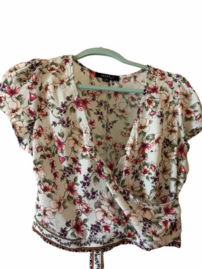 Faux wrap crop top, Mint floral, Key hole back size Large by Heart and Soul.